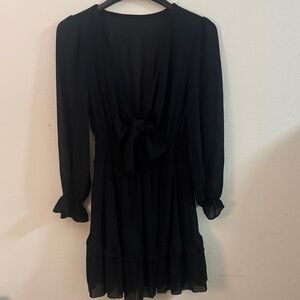 Black Long-Sleeve Chiffon Tie-Waist Tiered Dress